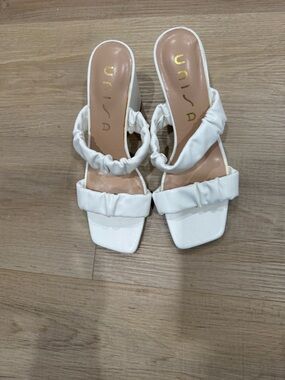 Unisa White Ruched Double-Strap Slide Heels